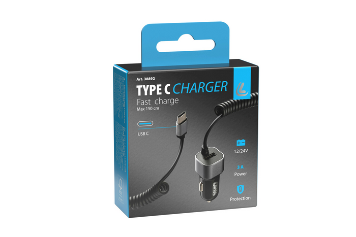 Зарядно за кола LAMP USB Type-C, гнездо за запалка 12/24V